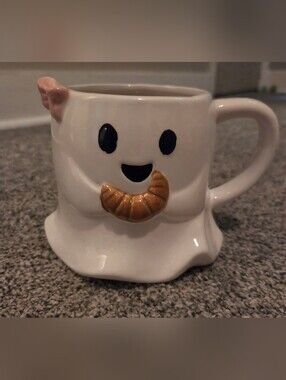 White Ghost Mug with Brown Croissant & Pink Bow Halloween Cute